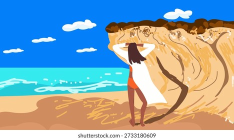 Hermosa vista de las olas de arena y el paisaje marino en la costa norte de la isla de Gozo en un día soleado, Malta, vista trasera de la niña, Ilustración vectorial dibujada a mano.