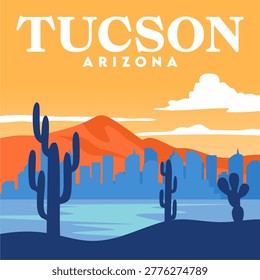 Beautiful view and silhouette of cactus trees in Tucson, Arizona