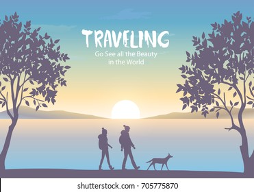 Beautiful view with silhouette of couple and with dog. Amazing sunrise. Vector illustration. Panorama of the nature. Traveling among mountains and coast