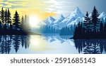 A beautiful view of snow-capped mountains reflects on a calm lake surrounded by tall evergreen trees during sunset. The sky displays soft clouds illuminated by warm sunlight.