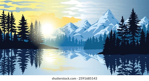 A beautiful view of snow-capped mountains reflects on a calm lake surrounded by tall evergreen trees during sunset. The sky displays soft clouds illuminated by warm sunlight.