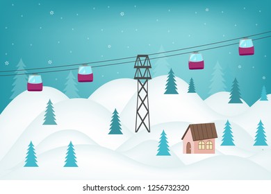 
beautiful view of the snowy mountains hill in the resort in winter with a wooden house and cable car