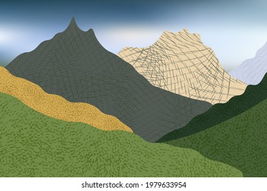 Beautiful view with stylized mountains and green hills, trees and grass.