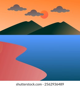 beautiful view of sunset on the sea in the afternoon, vector illustration, flat design, beautiful background.