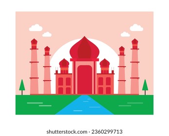 Beautiful view of Tajmahal building with water and green trees. The story behind the monument. Character design. Vector flat illustration