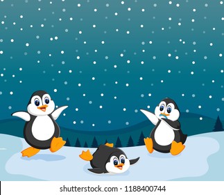 the beautiful view with three penguin playing on the snow