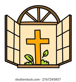 A beautiful view through a window showing a cross and nature outside