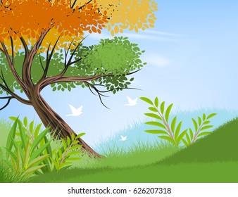 Beautiful view tree and nature vector landscape background