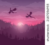 Beautiful view of two dragons over the mountains and forest before sunrise. Vector illustration as wallpaper or poster for the series House of the Dragon - prequel Game of Thrones.