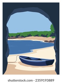 vista hermosa, ilustración vectorial del fondo del paisaje
con barco, río, colinas verdes, cielo azul, al estilo de dibujos animados planos.
apto para afiches, afiches de viaje, fondo, tarjeta, impresión de arte