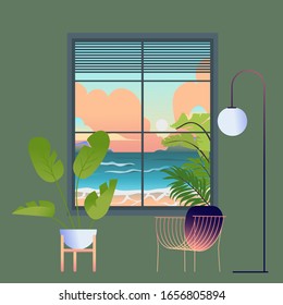 Beautiful view from the window of the beach. Illustration of landscape. Modern cozy interior.