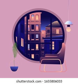 Beautiful view from the window the city   Illustration night time  Modern cozy interior 