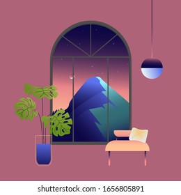 Beautiful view from the window of the mountain. Illustration of night time. Modern cozy interior.