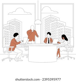 A beautiful view from the window and at a round table, colleagues are discussing business plans.