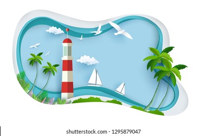 beautiful views of the beach. there are lighthouses. paper art design