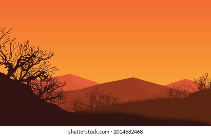 Beautiful views of the mountains from the countryside at sunset with an aesthetically pleasing dry tree silhouette. Vector illustration of a city