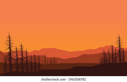 Beautiful views of the mountains at dusk with silhouettes of dry trees around them. Vector illustration of a city