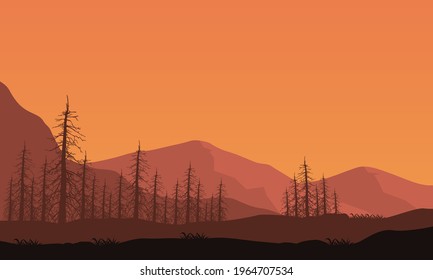 Beautiful views of the mountains from the edge of the city in the evening. Vector illustration of a city