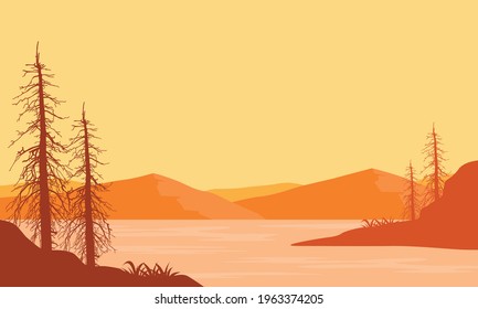 Beautiful views of the mountains from the riverbank in the afternoon with the silhouettes of dry trees around them. Vector illustration of a city