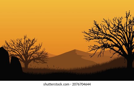 Beautiful views of the mountains from the suburb at dusk with the dramatic silhouette of dry trees. Vector illustration of a city