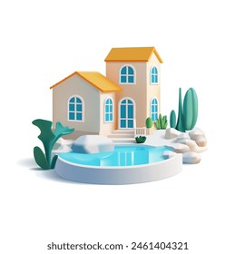 A beautiful villa with a pool and a yard 3D. For leisure, lifestyle, vacation, and enjoyment design concepts. Country house apartments near the sea. Vector