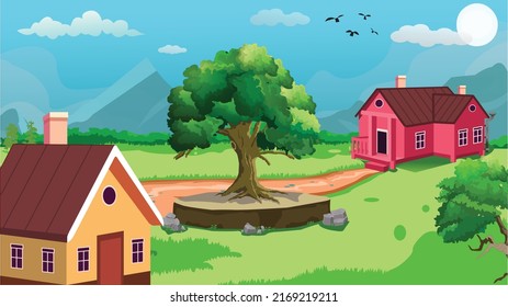 Beautiful Village Cartoon Background Green Meadows Stock Vector ...