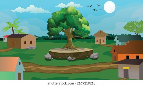 Beautiful village cartoon background of green meadows and surrounded by trees and mountains.