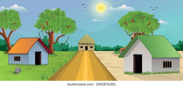 Beautiful village cartoon background of green meadows and surrounded by trees and mountains.