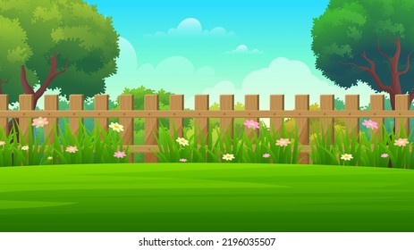 Beautiful village country house Backyard with wooden fence, green lawn and trees vector illustration