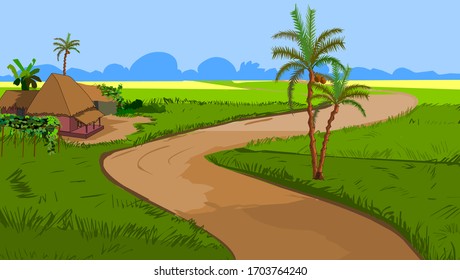 A beautiful village with farmlands, trees, meadows and with mountains in the background