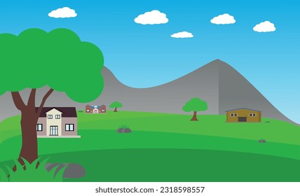A beautiful village with farmlands, trees, meadows and with mountains in the landscape  background