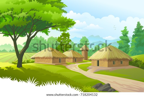 By ActiveLines A beautiful village with farmlands, trees, meadows and with mountains in the background