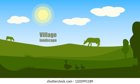 Beautiful village landscape in flat style. Farm vector illustration in green colors with cows and geese.