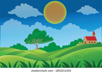 a beautiful village landscape with house, tress, land, sun and clouds 