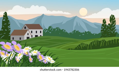 Beautiful village landscape with mountain