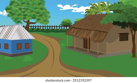 Beautiful village road with rural hut beside road.Village road 2d flat cartoon background download 