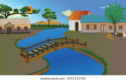 Beautiful village scenery with a river, wooden bridge, and traditional houses surrounded by nature – Vector illustration