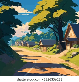 A beautiful village with small house, trees, meadows in the background.