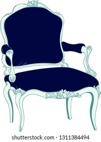 beautiful vintage armchair with blue upholstery, vector illustration on white background