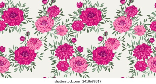 Hermoso arte vintage abstracto floral rosa con ramas verdes gentilmente diminutas deja un patrón sin fisuras. Flores estilizadas peonías dahlias y brotes imprimiendo sobre un fondo claro. Diseño para la moda