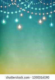 Beautiful vintage background with decorative lights and lightbulbs.. Inspiration card for wedding, date, birthday, tea or garden party