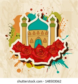Beautiful vintage background for Muslim community festival Eid Mubarak with mosque and roses. 