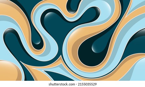 Beautiful vintage background. Surface of orange, blue, azure abstract shiny shapes with wavy edges and light outline. Vector.