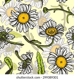 Beautiful vintage background with white daisies seamless pattern on yellow background. Vector