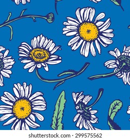 Beautiful vintage background with white daisies seamless patern on blue background. Vector