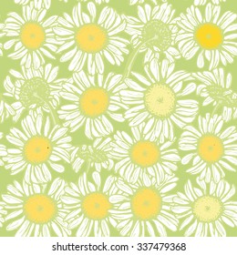 Beautiful vintage background with white sketch daisies seamless pattern on light green background. Vector