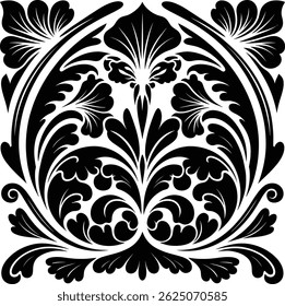 beautiful vintage baroque ornament, Floral flower frame silhouette vector, Vintage damask baroque ornament, Abstract Symmetric Element with white background	