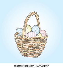 Beautiful Vintage basket with Easter eggs. Vector illustration for a card or poster. Spring holiday.