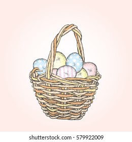 Beautiful Vintage basket with Easter eggs. Vector illustration for a card or poster. Spring holiday.