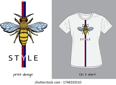 Beautiful vintage bee top view template for t shirt print. Hand drawn line art bee. Fashion Pen and ink illustration of bee.Vector illustration of insect.